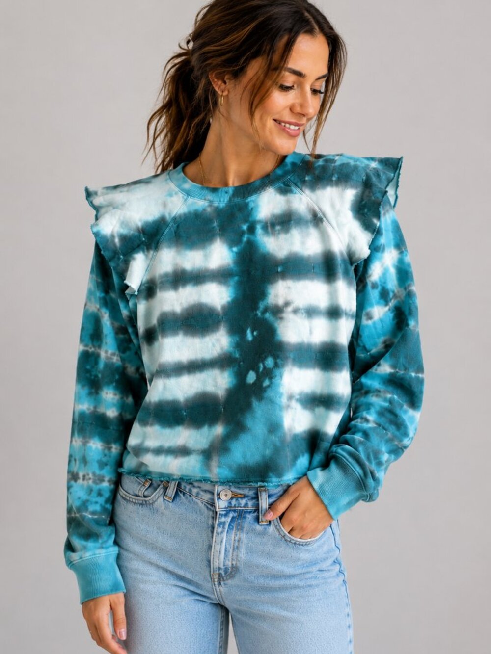 Something Navy Tie Dye Ruffle Shoulder Sweatshirt Blue Gray Cropped Pullover S